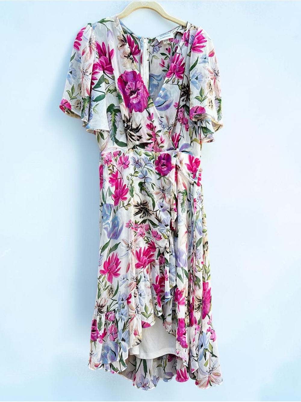 Calvin Klein Floral Wrap High-Low Dress in Pink and Lavender